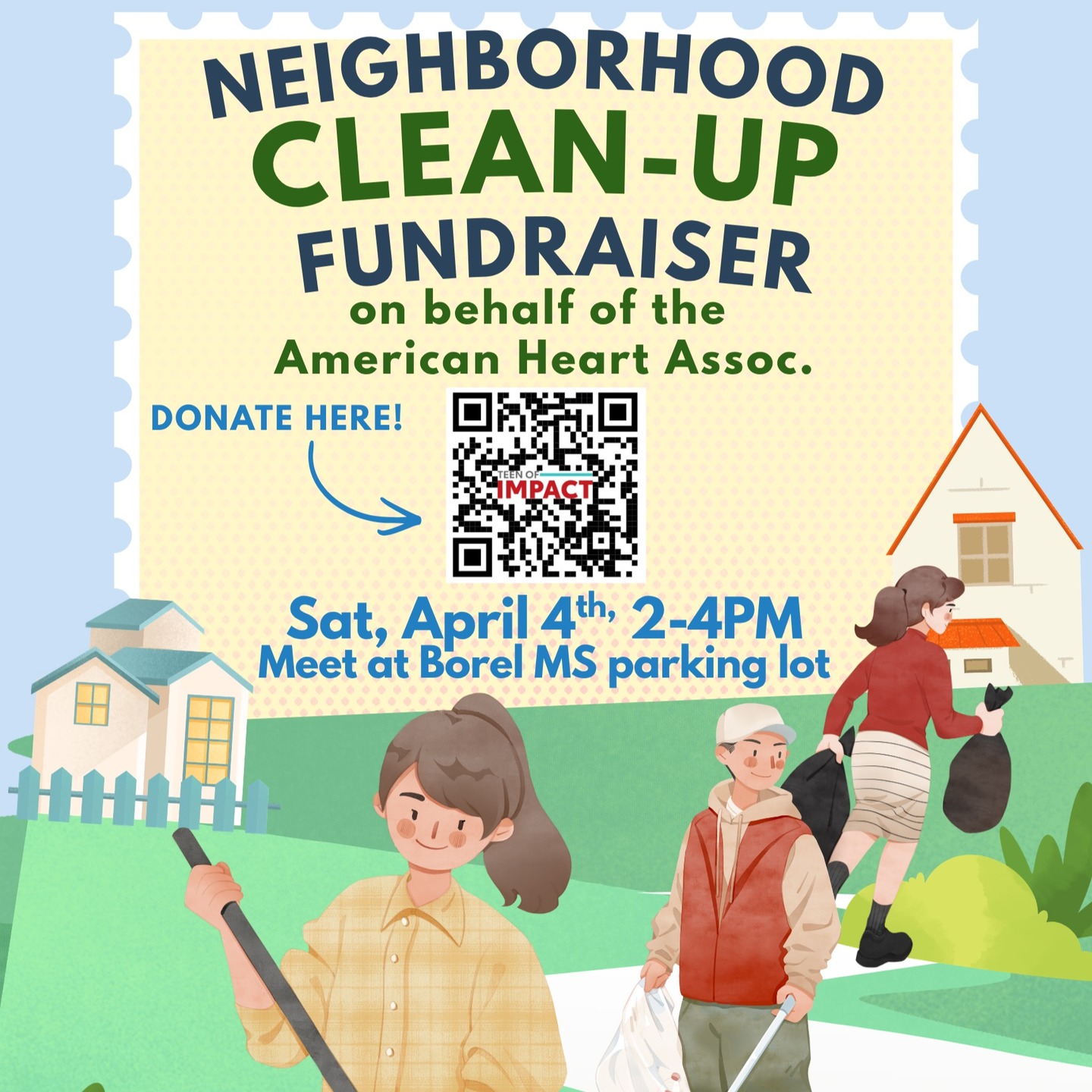 Kick off Earth Month with the Borel Neighborhood Clean Up this Saturday April 4th 2-4 pm. Meet at Borel MS parking lot. We are raising funds for the American Heart Association (Donation is not required to participate). http://www2.heart.org/goto/Naomi